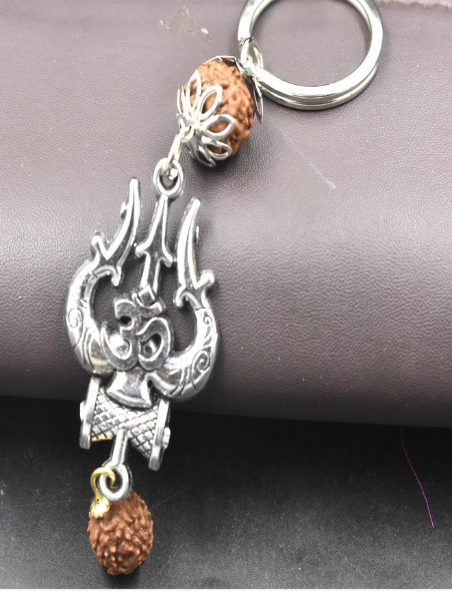 AFH Trishul Damaru Om Silver Rudraksha Charm keychain for Men and Women - Image 2